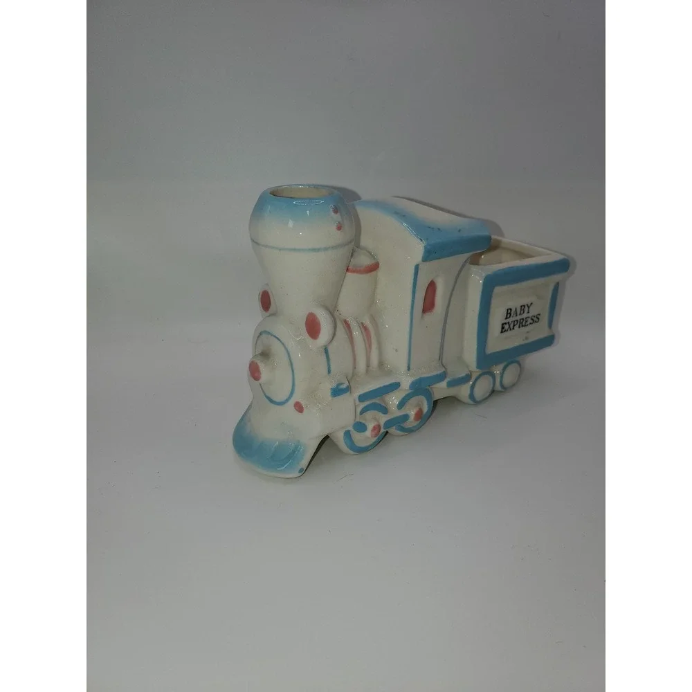 Vintage Relpo Baby Express Train Planter Ceramic Blue White Nursery Decor Japan